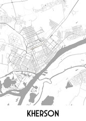 Obraz premium A detailed black and white map of Kherson, Ukraine, showcasing the city's street network and surrounding waterways. The map features a grid-like layout of streets and roads