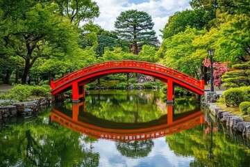 Serene Meiji Jingu Shrine Park with Japanese-style Architecture: Red Bridge over Pond Surrounded by Vibrant Greenery and Clear Blue Skies