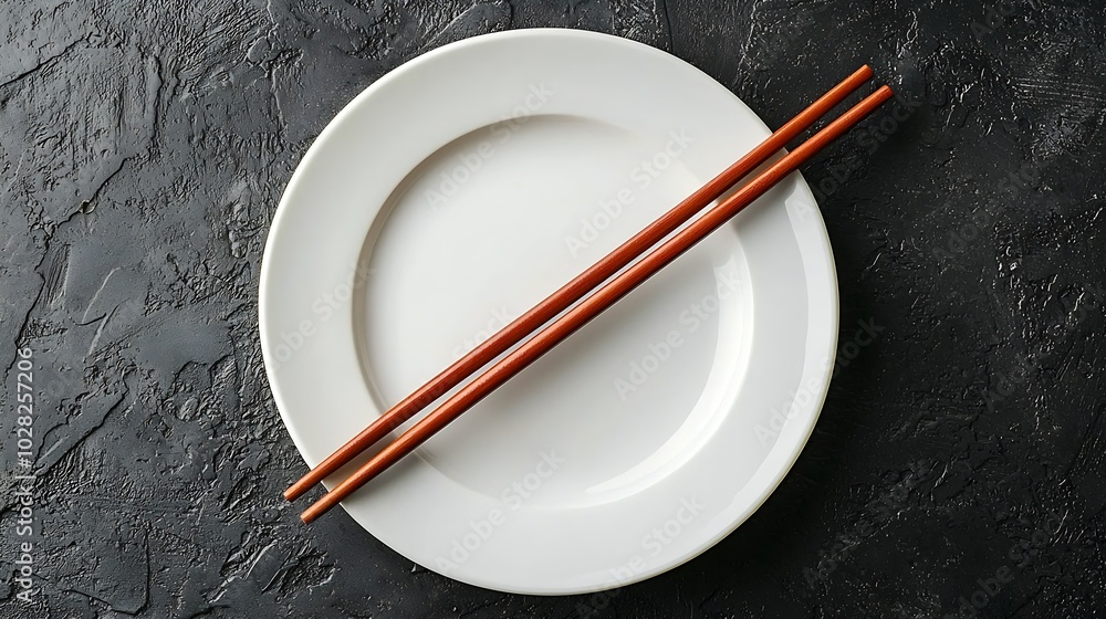 Aufkleber Asian table place setting with white plate and chopsticks Top view Copy space Grey background Close up Top view : Generative AI