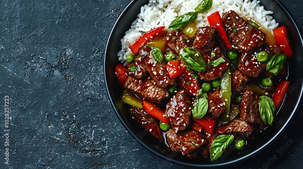 Poster beef and vegetables stir fry with white rice in a black bowl grey background close up : generative a