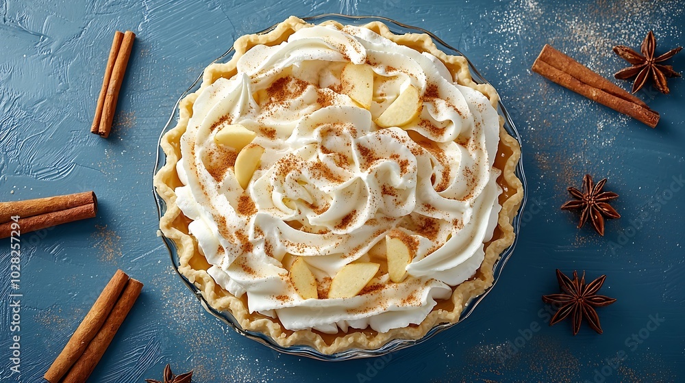 Poster apple pie with cream and cinnamon sticks on a blue background top view copy space : generative ai