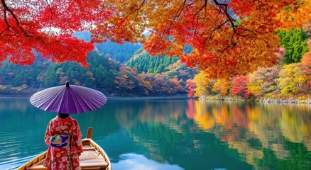 Autumn Beauty in Arashiyama Kyoto: Traditional Japanese Woman in Kimono on Boat Admiring Colorful Foliage and Lake