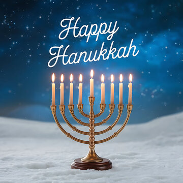 A post design with text happy hanukkah in a candles celebrating lights background