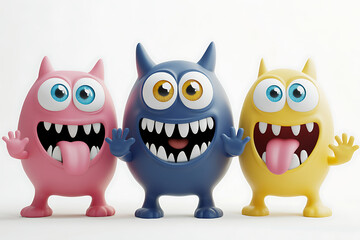 Fototapeta premium Three colorful cartoon monsters with big smiles and playful expressions.
