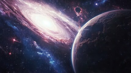 Obraz premium A stunning cosmic scene featuring a galaxy and a nearby planet amidst vibrant space colors.