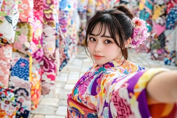 Fototapeta premium Colorful Kimono Selfie by Fabric Wall in Japan