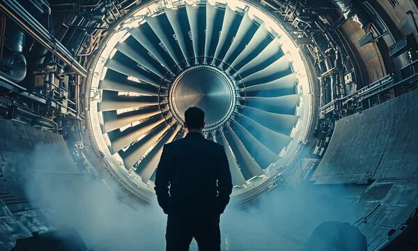 A person stands before a large jet engine, surrounded by industrial elements and dramatic lighting.