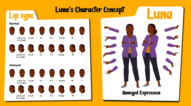 An annoyed african female teacher cartoon character AKA Luna. Annoyed face expressions and lip sync. Set of businesswoman with various hand gesture and front and 1/3 standing poses.