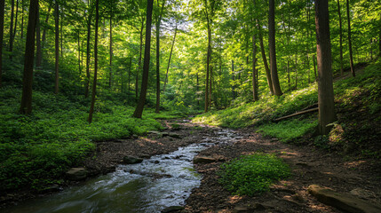Obraz premium A lush green forest with a sparkling stream running through it.
