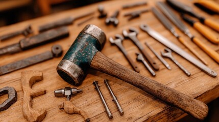 Vintage Hammer and Tools on Wooden Table   Craftsmanship  Workshop  DIY