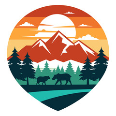 National Park Landscape Silhouette with Wildlife on Retro Vintage Vector t-shirt design