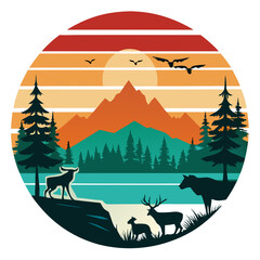 National Park Landscape Silhouette with Wildlife on Retro Vintage Vector t-shirt design