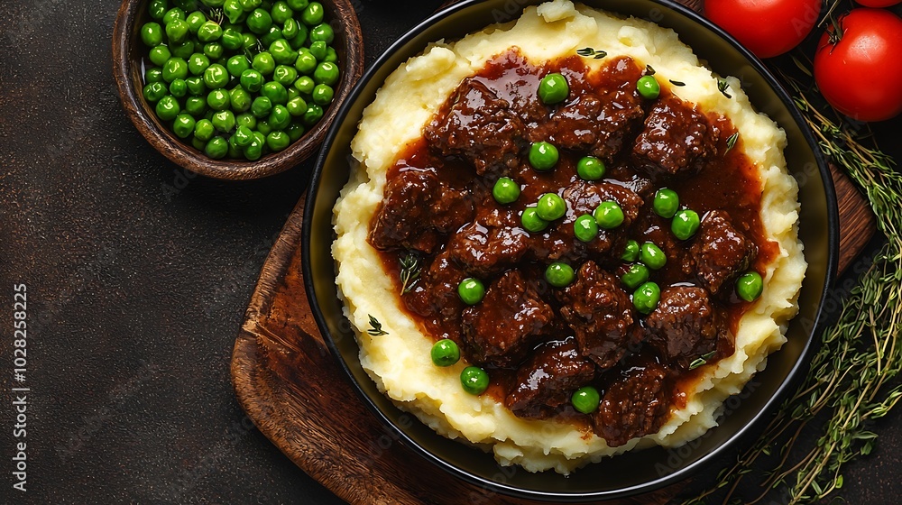 Poster mashed potatoes with beef meat and green peas in bowl dark background copy space top view : generati