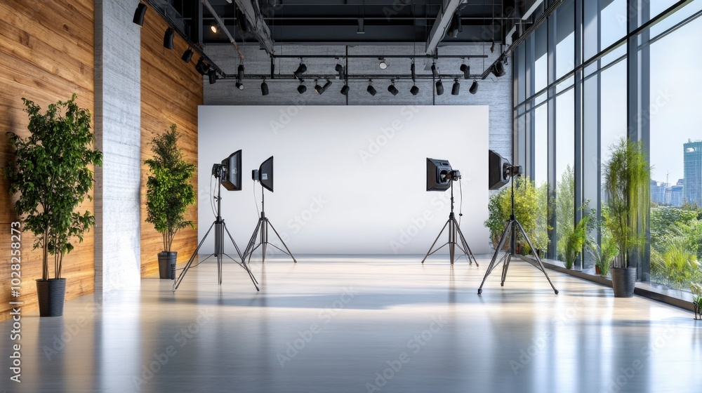 Poster modern studio with backdrop and lighting setup