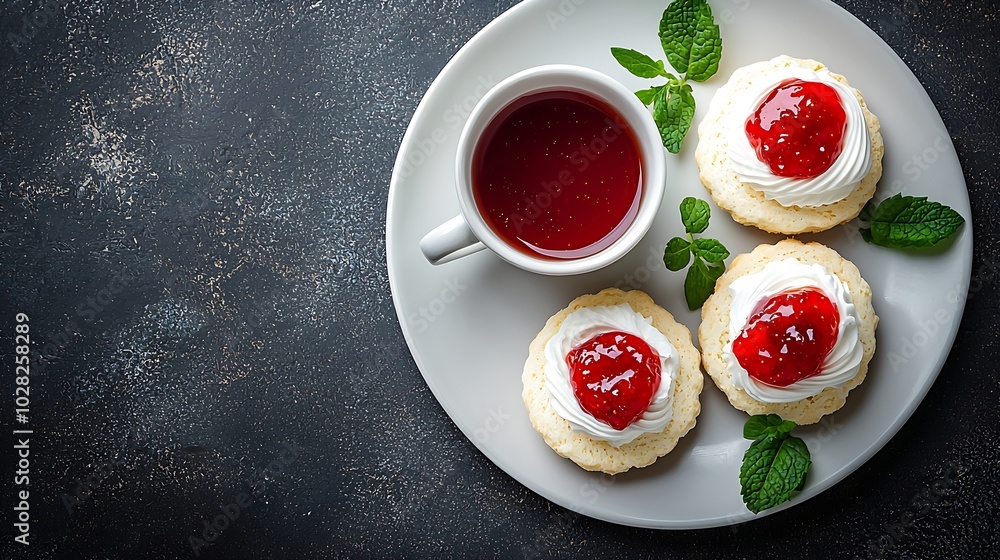 Aufkleber scones tea cakes with jam clotted cream with tea traditional british teatime grey background copy sp