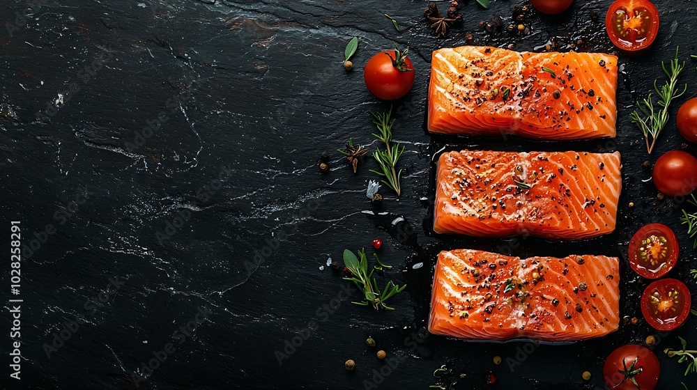 Poster salmon steak fillet with herbs tomatoes and spices dark background top view : generative ai