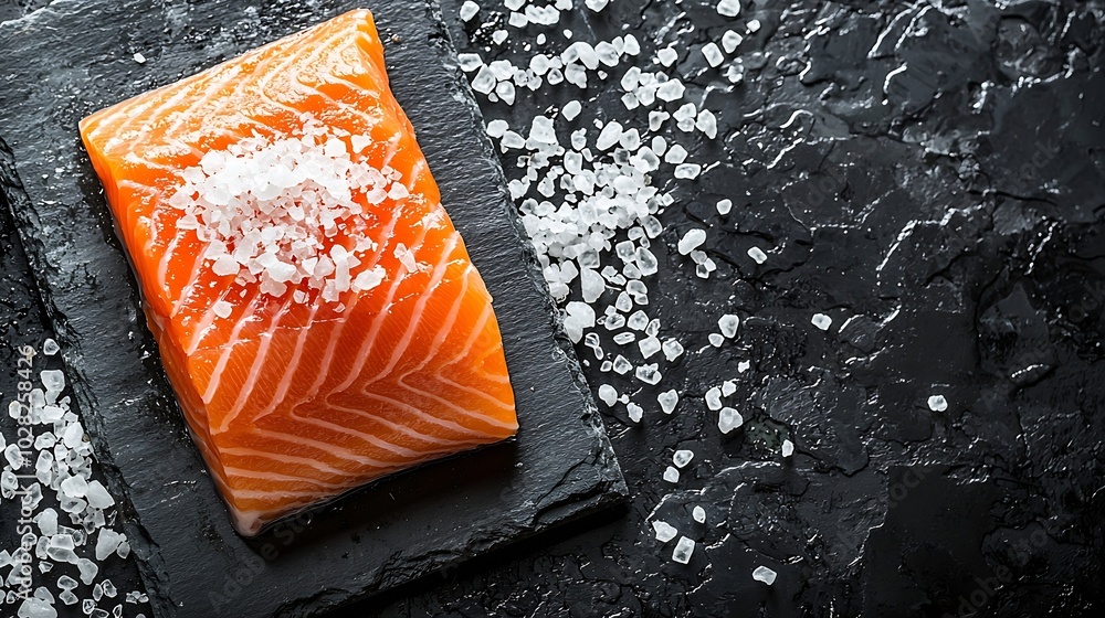 Poster Salmon fillet with sea salt on slate dark background Copy space Top view : Generative AI