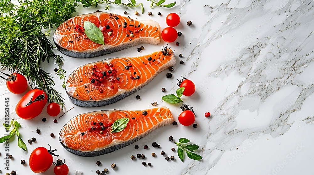 Poster salmon steaks fillet with herbs and spices white marble background copy space top view : generative 
