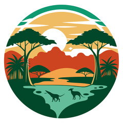 Rainforest Canopy silhouette with river and wildlife on retro vintage background. Vector T-shirt Design.