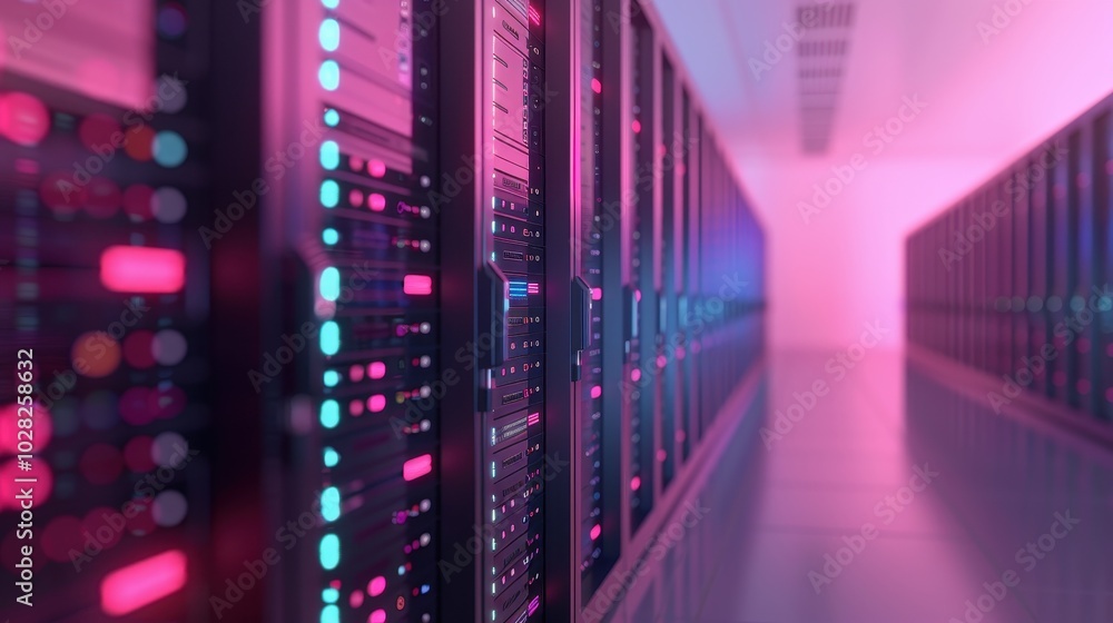 Poster modern data center with illuminated server racks in purple and blue tones, representing advanced tec