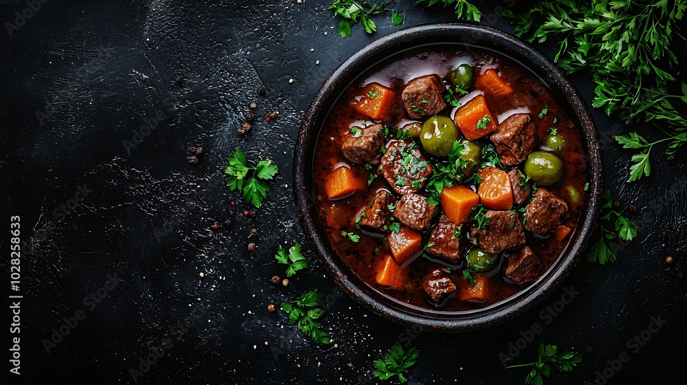 Aufkleber beef bourguignon stew with vegetables close up top view : generative ai