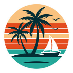 Tropical Island with Sailboat on Retro Vintage Background Vector t-shirt design 