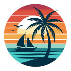 Tropical Island with Sailboat on Retro Vintage Background Vector t-shirt design 