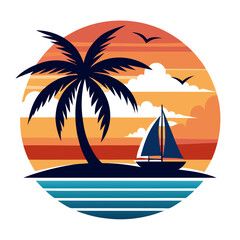 Tropical Island with Sailboat on Retro Vintage Background Vector t-shirt design 