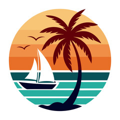 Tropical Island with Sailboat on Retro Vintage Background Vector t-shirt design 