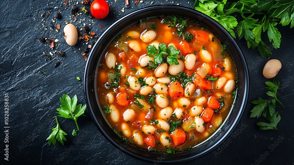 Poster bean soup in a black bowl dark background top view : generative ai