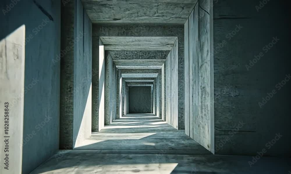 Poster a perspective view of a minimalist concrete corridor with repeating geometric shapes.