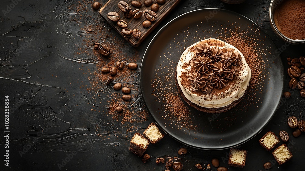 Poster tiramisu dessert with cup of coffee dark background close up top view : generative ai