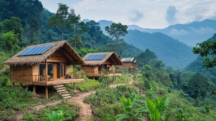 Obraz premium A rural eco-tourism project in Asia, where visitors stay in solar-powered lodges, help with reforestation efforts, and learn about local wildlife conservation from guides