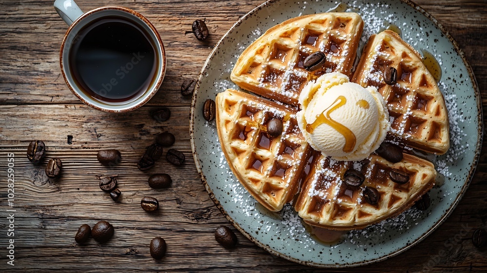 Poster whole wheat waffles with ice cream maple syrup and coffee wooden background close up : generative ai