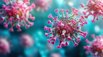 Explore the vibrant microscopic view of the Covid virus, showcasing structural elements for educational insights.