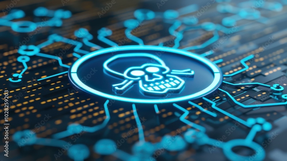 Poster a striking digital illustration of a glowing blue skull and crossbones, enhanced with futuristic ele