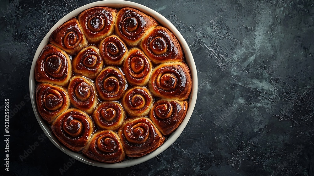 Poster cinnamon rolls buns cinnabons in baking dish grey background copy space top view : generative ai