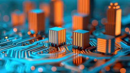 A stunning cityscape featuring advanced urban tech, illuminated by vibrant digital effects against a dark backdrop.