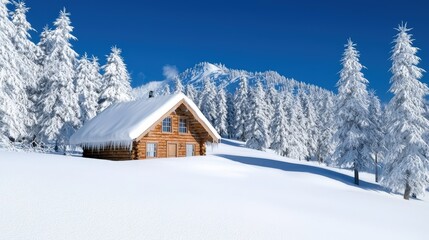 Cozy Cabin in Snowy Mountain Forest Landscape