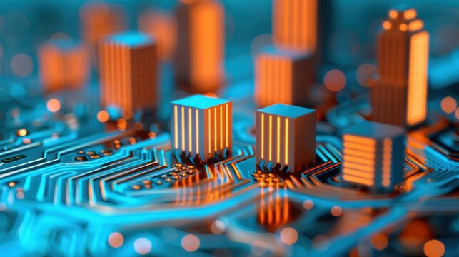 A stunning cityscape featuring advanced urban tech, illuminated by vibrant digital effects against a dark backdrop.