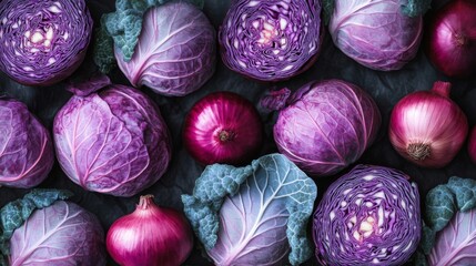 Fototapeta premium A vibrant assortment of red cabbage and red onions