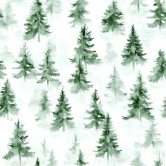 Minimalist watercolor fir trees with snow, soft green and white tones, airy composition, seamless repeat
