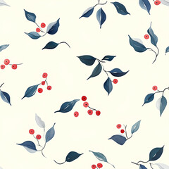 Minimalist watercolor holly leaves and red berries, scattered on a light cream background, soft edges, seamless pattern