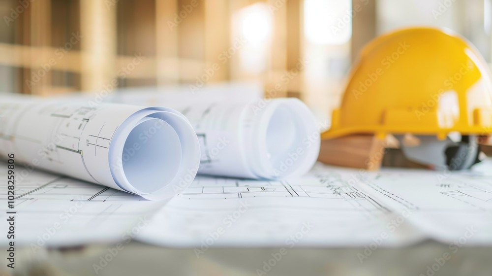 Poster rolled-up blueprints on a construction site table with a yellow hard hat, representing architecture 