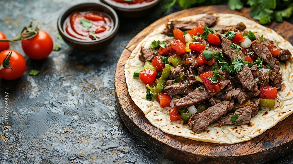 Poster mexican shredded beef with tortillas vegetables and sauce grey background copy space top view : gene
