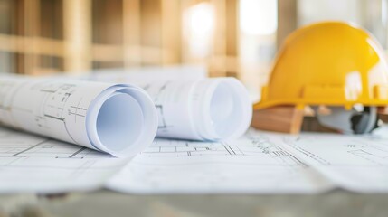 Rolled-up blueprints on a construction site table with a yellow hard hat, representing architecture and building planning.