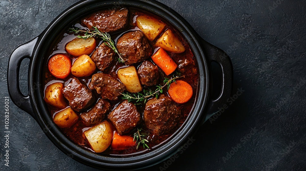 Aufkleber Beef bourguignon stew with vegetables Grey background Top view : Generative AI