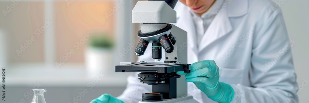 Poster scientist in lab coat examines samples using a microscope in a bright laboratory setting with precis