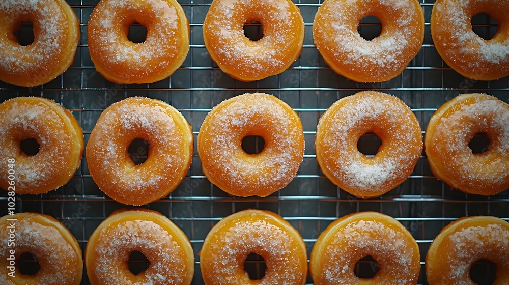 Poster donuts with sugar powder on cooling rack copy space top view : generative ai