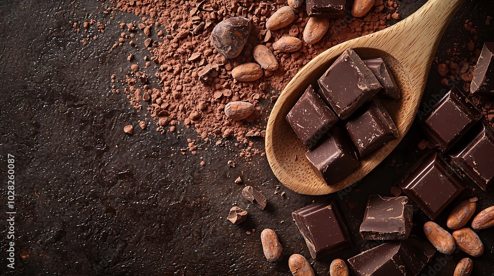 Poster chocolate candy in a wooden spoon on a crushed raw cocoa beans nibs background copy space top view :